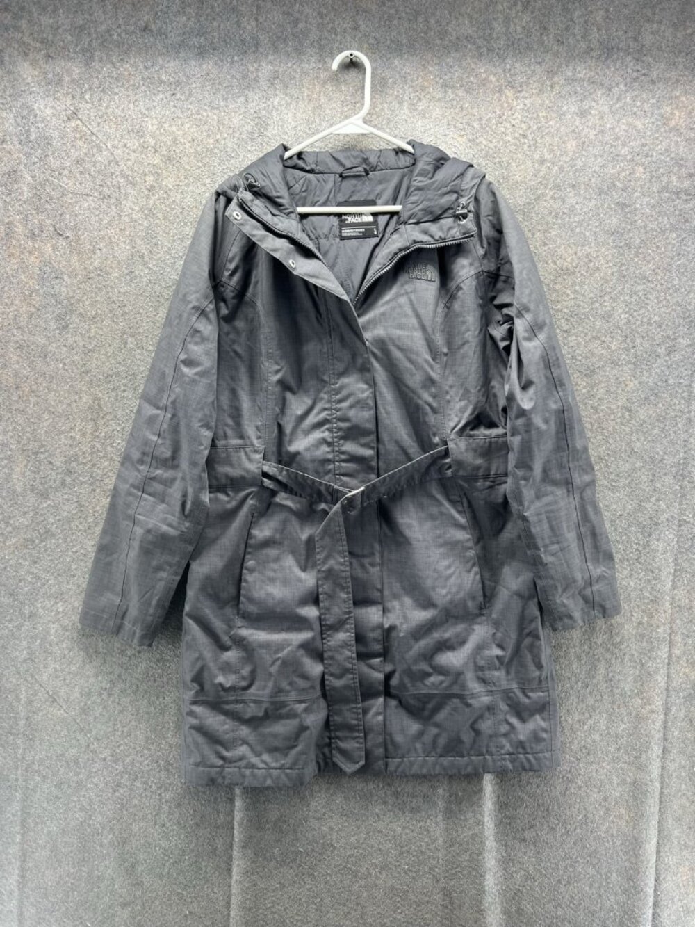 The North Face Coat Womens Large Gray Hooded Belted Insulated Full Zip Parka